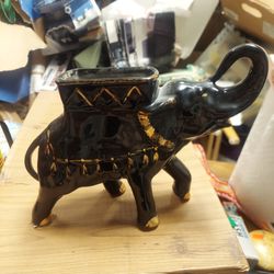 Vintage 1950s Black And Gold Ceramic Elephant Planter Stand