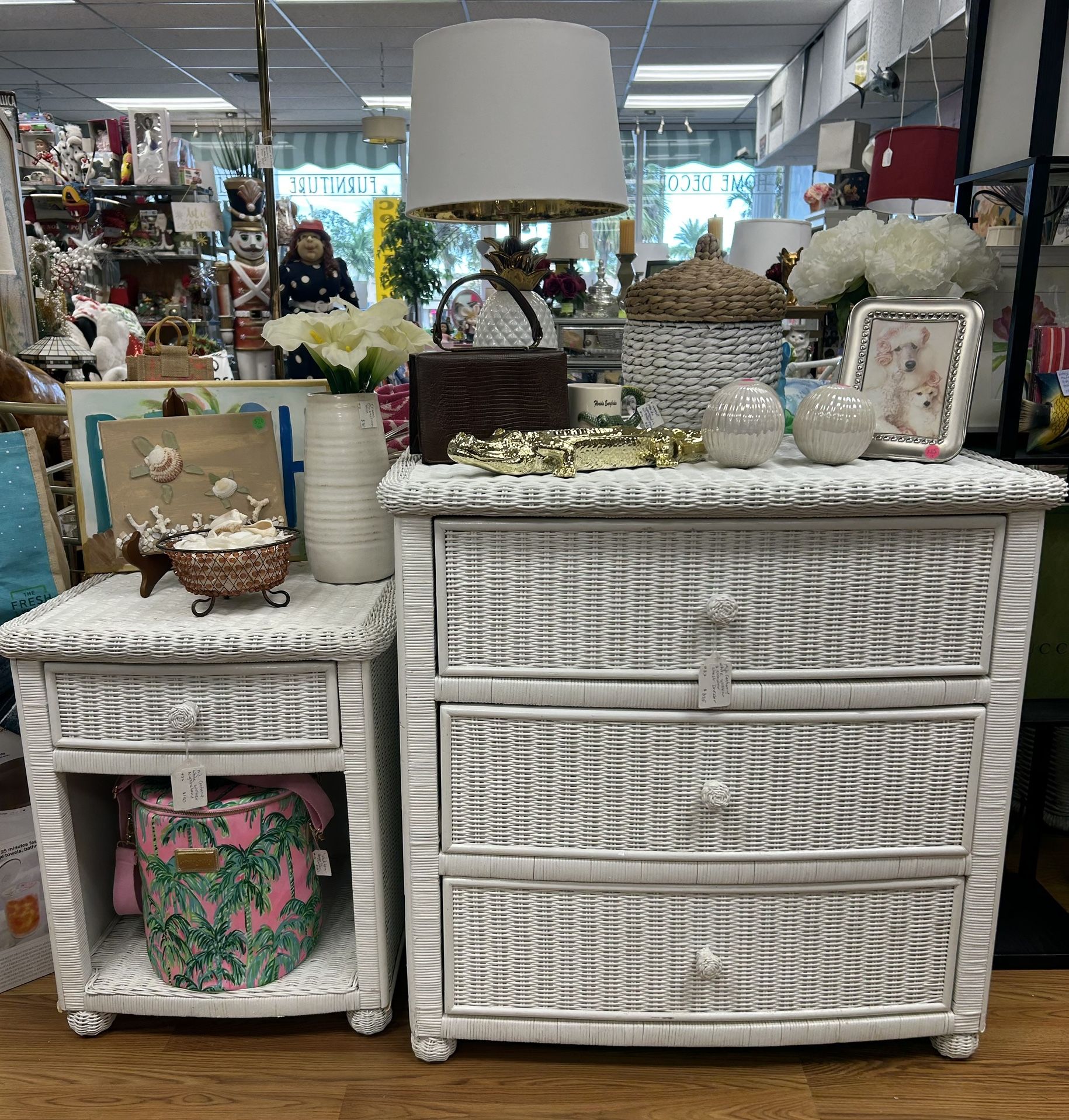 Mid-century white wicker nightstand with drawer and storage cube