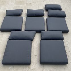 $60  for all! Lot of 11 Grey Modern Patio Furniture Cushions! Excellent condition!  (5) Square Cushions 27x27x4.5in (6) Pillow Cushions 29x14x7in