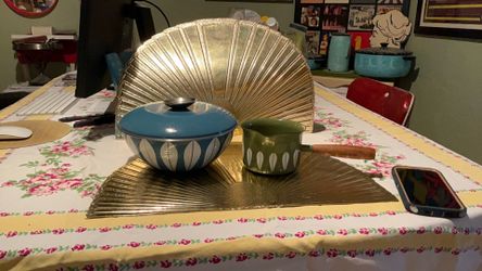 Mid-century  MCM  blue enamel lotus  two one price  Catherine holm  vintage  kitchen  ￼bowl, butter pot