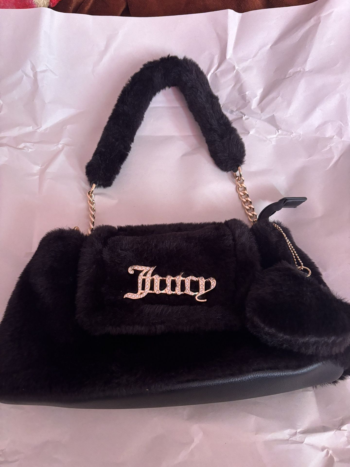 Juicy Couture fluffy, licorice shoulder bag, fluffy heart charm, gold chain strap