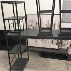 3-Piece Counter Height Dining Set, Desk, Bar, Kitchen Island Table w/ 2 Stools, Wine Rack & Storage