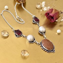 Goldstone, Biwa Pearl And Garnet 925 Sterling Silver Overlay Handcrafted Necklace