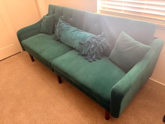 Velvet Green Futon Sofa Bed Convertible Sleeper Sofa Couch with Armrests and Wooden Legs