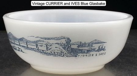 Vintage CURRIER & IVES Blue Glasbake Bowl