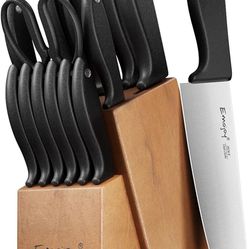 Knife Set 15-Piece Kitchen Knife Set with Sharpener Wooden Block and Serrated Steak Knives,Emojoy Germany High Carbon Stainless Steel Knife Block Set,