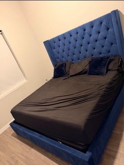 Blue Velvet Tufted Upholstered Bed Frame
