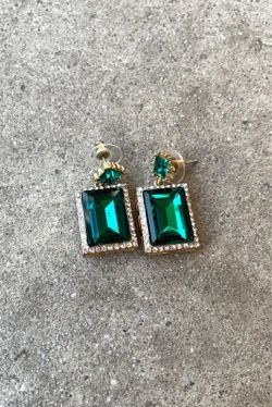 Emerald Square CZ Drop Dangle Earrings Crystal Golden Tone white Stones