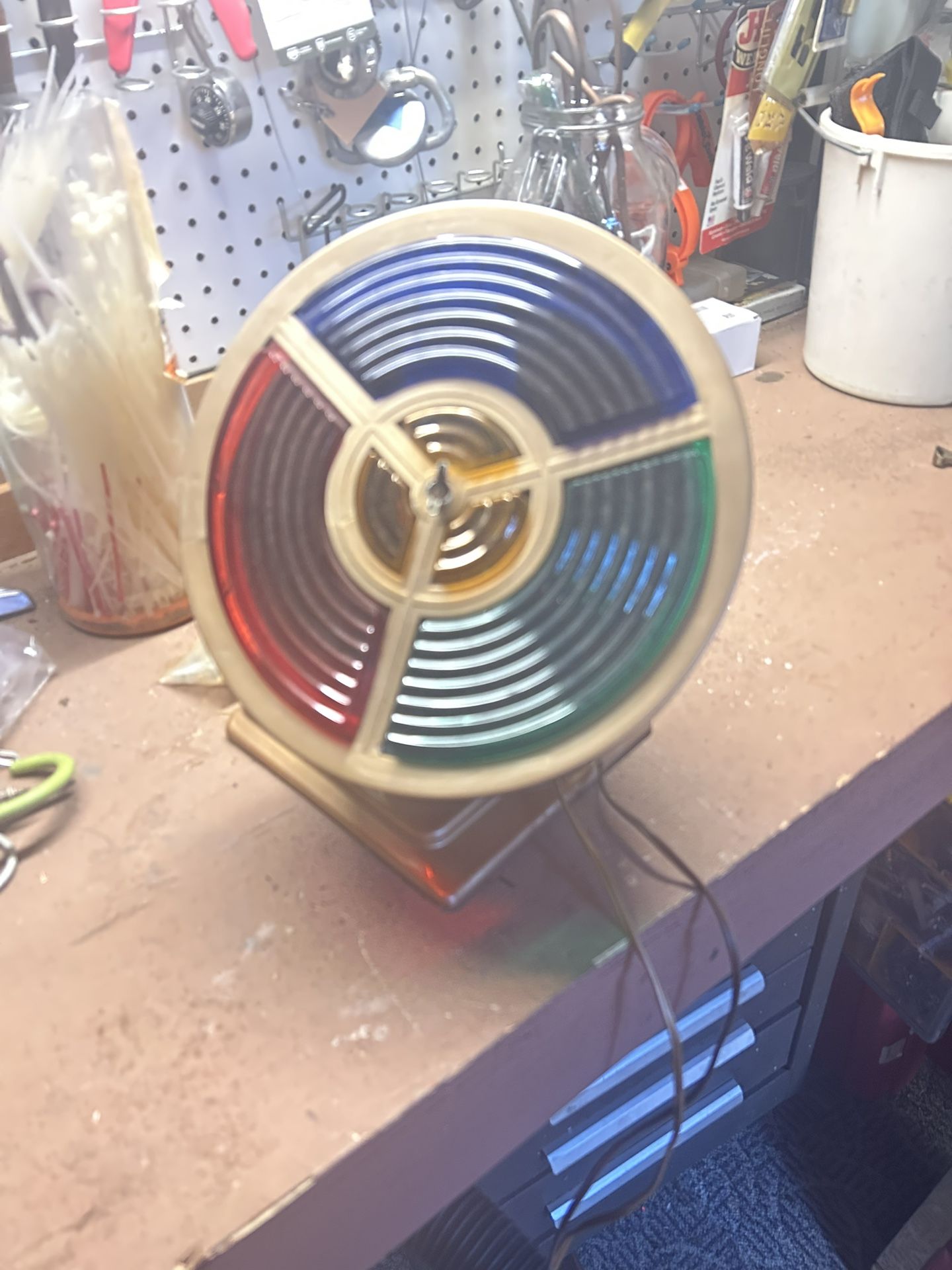 Vintage Christmas Tree Light Revolving Color Wheel . The wheel works fine. The light is bright and beautiful. Great little mid-century modern collect
