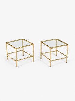 Pair of Hollywood Regency Faux Brass Bamboo & Glass Side Tables, c.1960's - Delivery Available