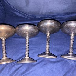 Vintage Valero Spain 4 Silver Plate Champage Goblet Twisted Stem Set  Stems has interesting welding on bottom not sure if manufacturer made this or if