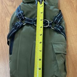 Small Olive Green Dog Jacket With Built In Harness