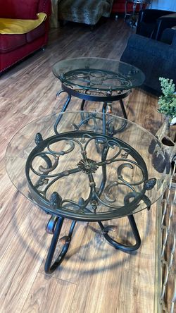 Round Glass Top Wrought Iron Tables Set of 2