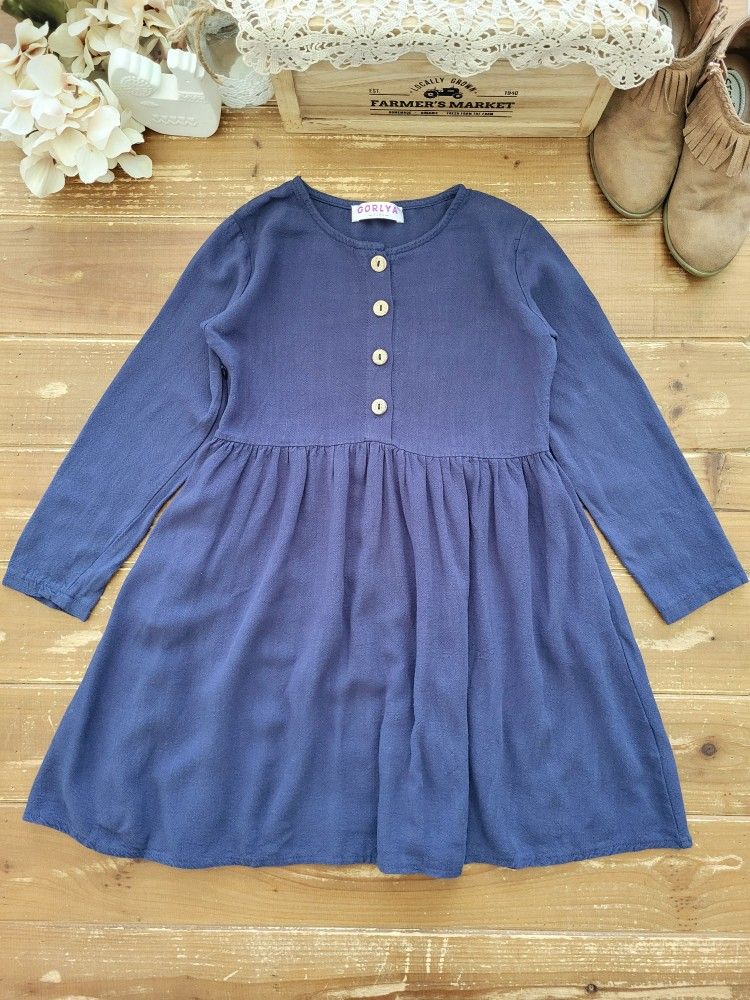 SIZE 7-8 GIRLS NAVY LONG-SLEEVE HALF BUTTON FRONT COTTON DRESS
