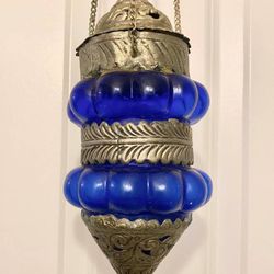 Vintage Mid Century Moroccan Style Blue Cobalt Blown Ribbed Glass And Silver Pewter Filigree Hanging Lantern Light Candle Holder