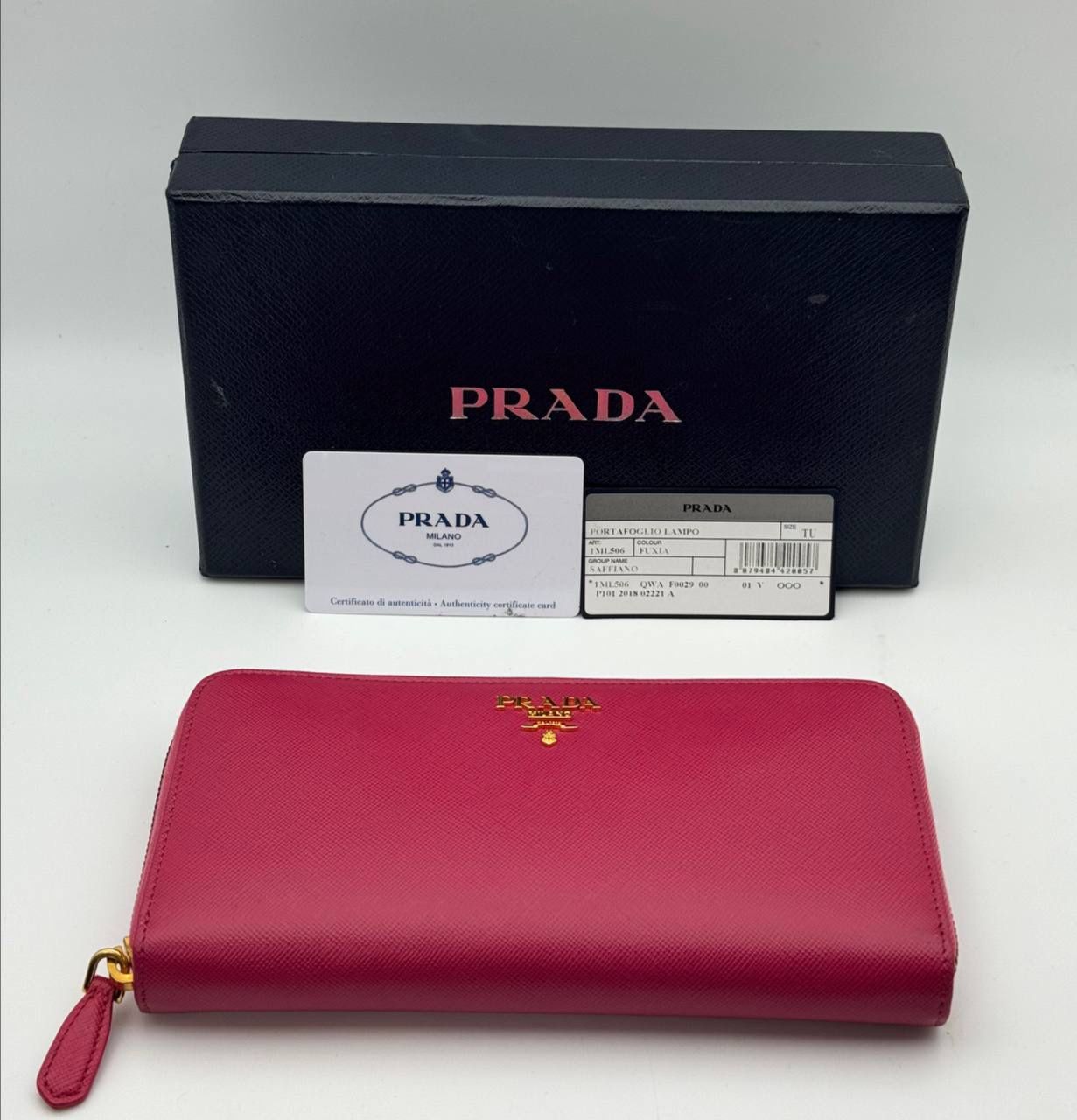Authentic PRADA Peonia Pink Saffiano Leather Zip Wallet Excellent