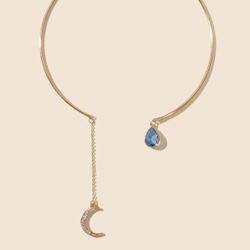 New - Gold Tone Rhinestone Moon 🌙 & Raindrop Crystal Open End Charm Necklace - Women’s Jewelry 