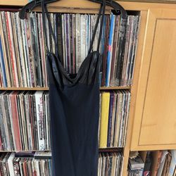 PRICE DROP: NWT MADE in USA FIRENZE BLK Slip Dress with LEATHER BUST/STRAPS, L
