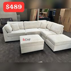 Beige / Dark Gray 3 Piece Reversible Sectional Sofa With Ottoman 