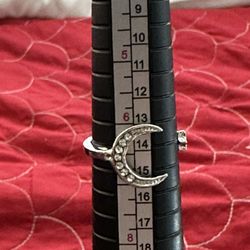 Fashion Rhinestone Silver Moon Star Ring Size 7