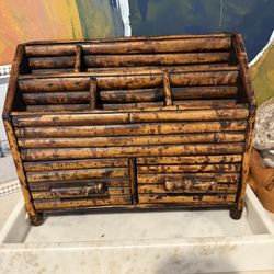 Vintage Boho Bamboo Wood Desk Organizer with Drawers  