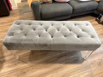 Gray Tufted Velvet Bench with Acrylic Legs