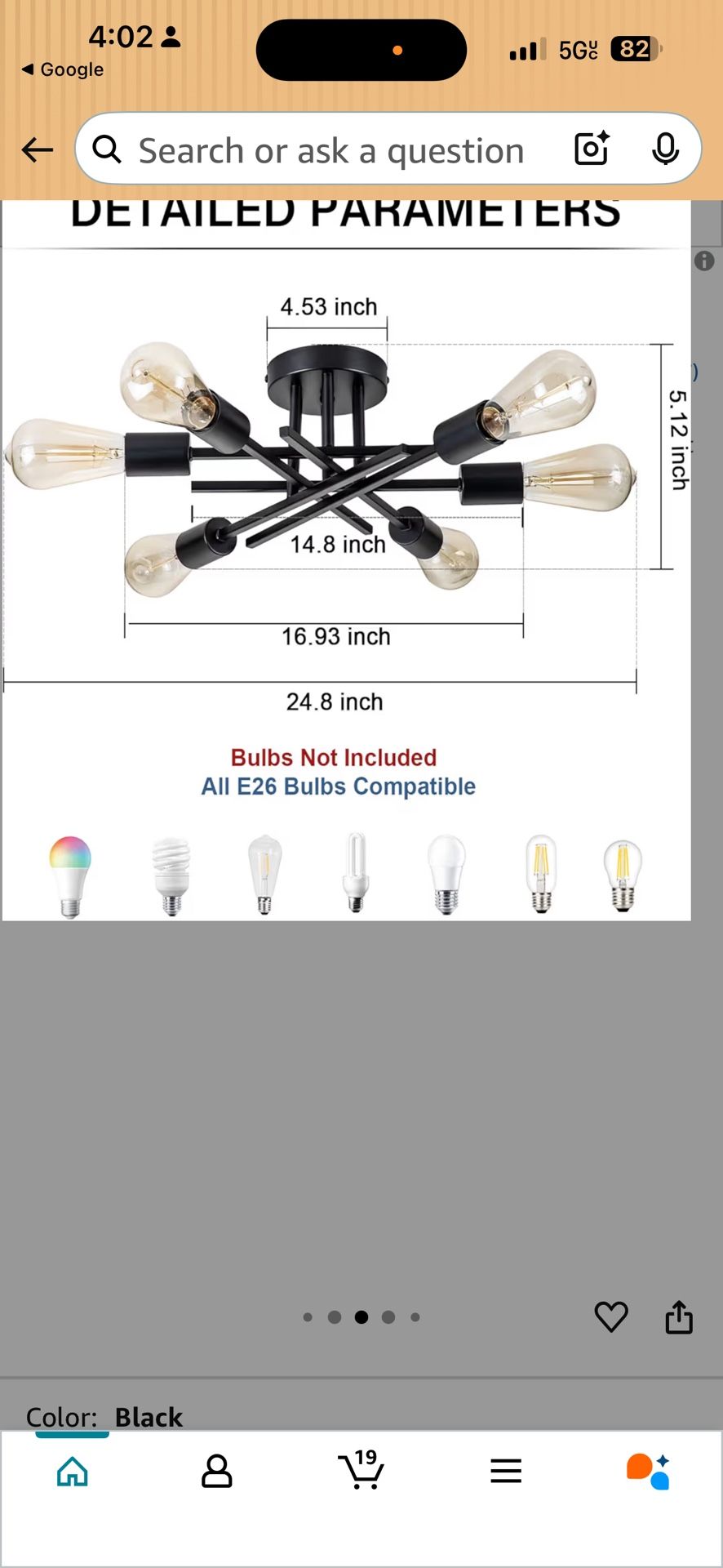Chandeliers, Modern Semi Flush Mount Ceiling Light with E26 Base, Mid Century Industrial Kitchen Farmhouse Light Fixtures for Bedroom Living Room (Bla