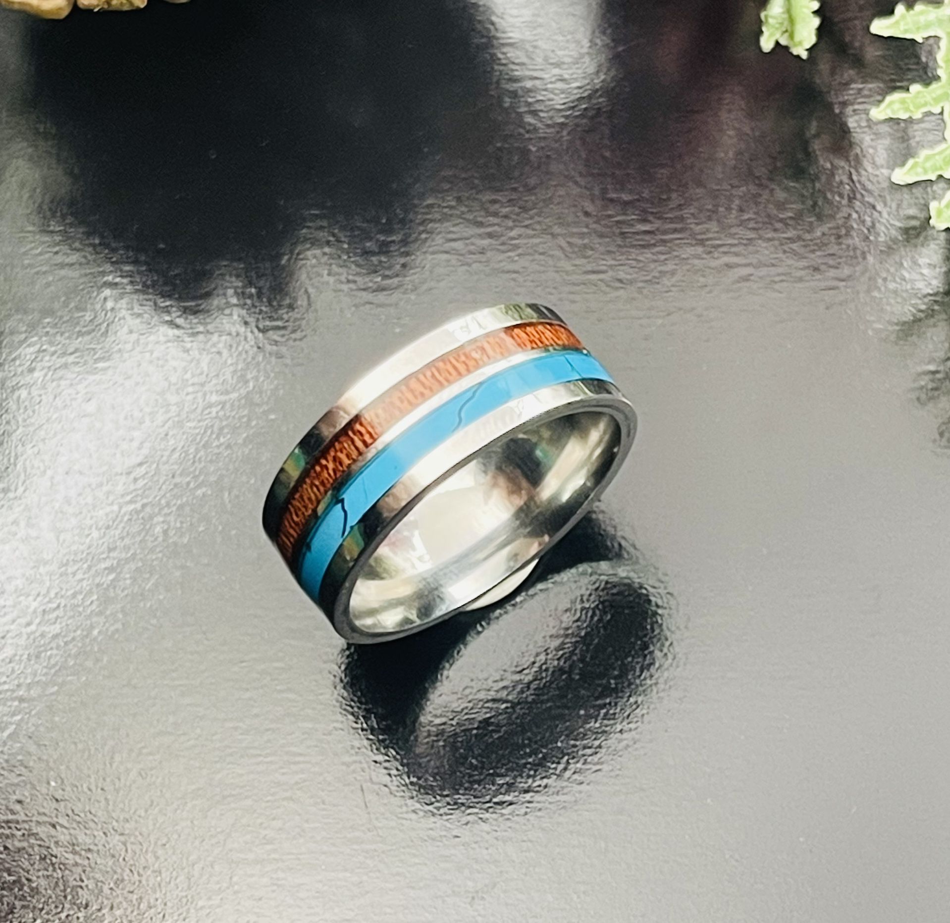 Wedding Band Style Size 10 stainless steel wood inlay with turquoise 