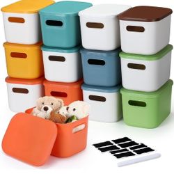 12 Pack 7 Quarts Plastic Storage Bins for Christmas Storage with Lids Handles Colorful Stackable Desktop Box Bins with Label for Shelf Drawer