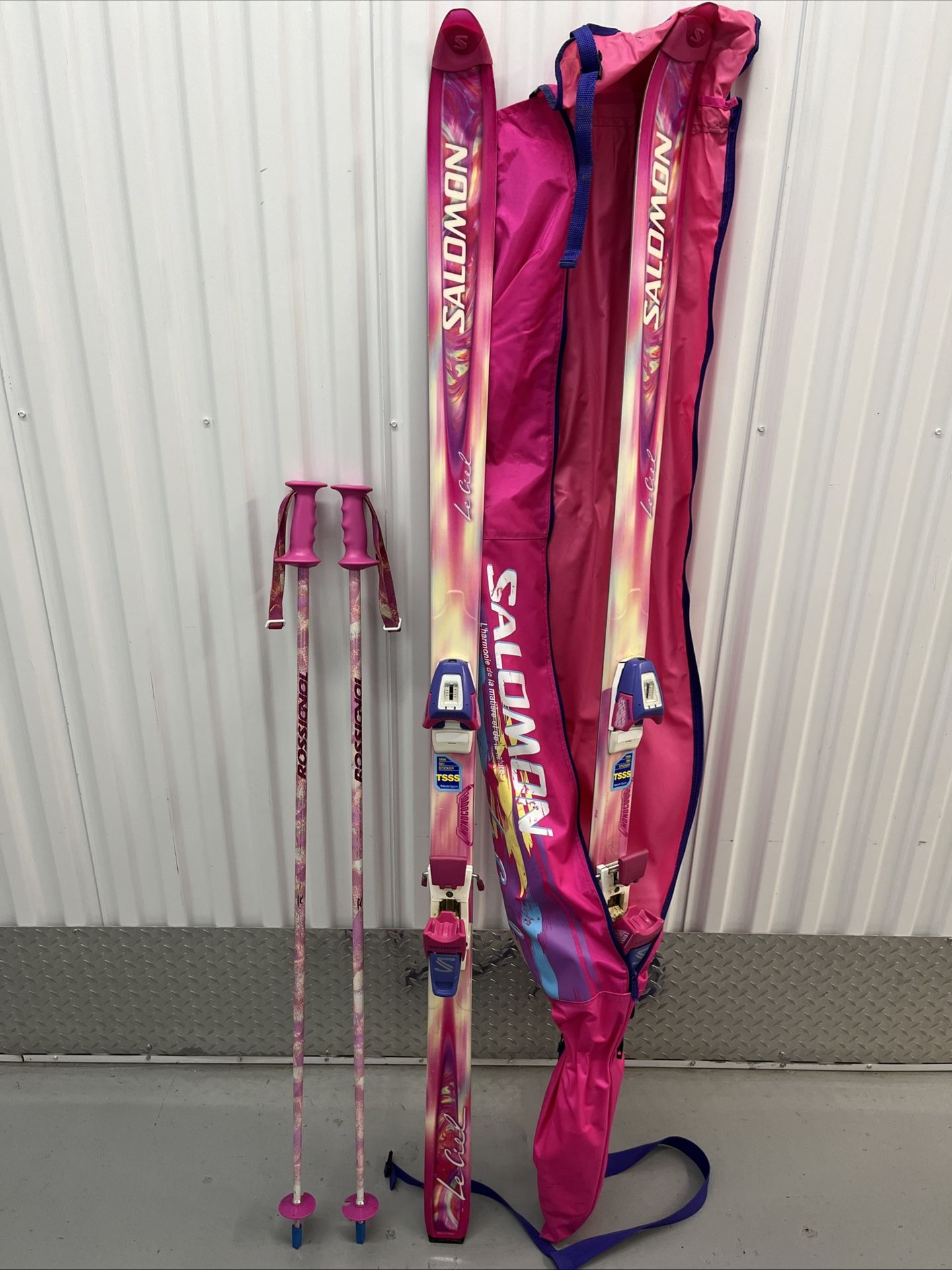 SALOMON Le Ciel Skis 171cm w/ Bindings, Poles And Bag, Vintage
