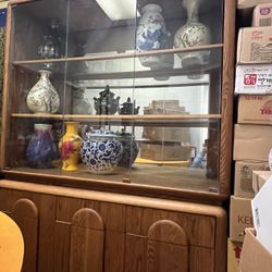 MCM Oak Cabinet With Glass Shelves 