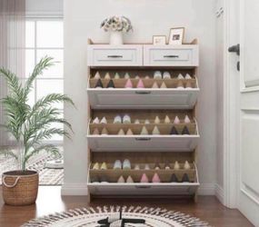 Shoe Cabinet With 3 Flip Drawers, 2 Storage Drawers, PVC Door With Shape, Entryway Shoe Storage Cabinet