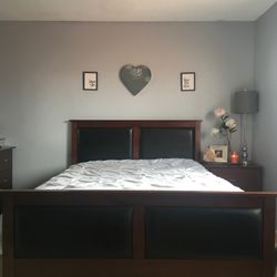 Queen Leather And Wood Panel Bed Frame