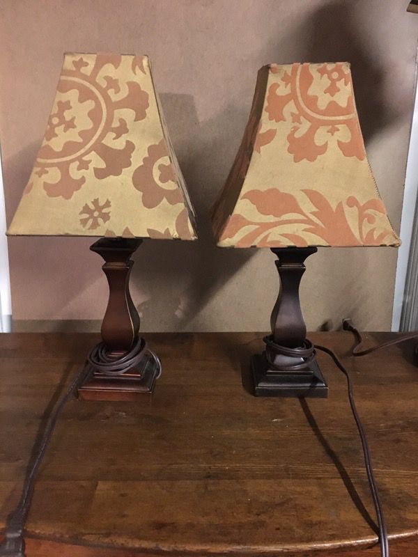 Pair of wooden lamps and shades