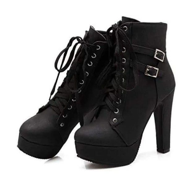 Nuoya Women's Black Ankle Buckle Chunky High Heel Platform Knight Boots US 9
