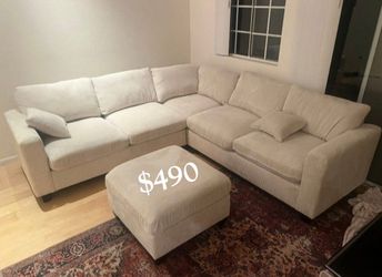 4-Pc Corduroy Sectional Sofa With Ottoman Sets‼️ Available In Black, Ivory, And Gray