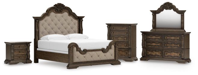 Maylee Dark Brown King Panel Bed, Dresser, Mirror, Chest and Nightstand