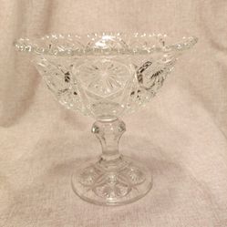 Antique Clear Glass 7" Pressed Pedestal Star Pattern Candy Bowl Compote Dish