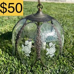 Vintage Brass & Frosted Glass Floral Hanging Chandelier Light Fixture (SELLING FOR $50)