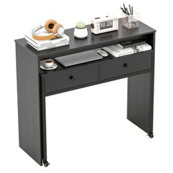 Black Computer Desk with Drawers and Wheels