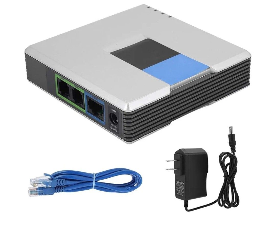 VoIP Gateway, PAP2T NA PAP2T 2 Ports Internet Phone Adapter, with Power Adapter, Comes with RJ 45 Network Cable, for Linksys, Support SIP V2 Protocol