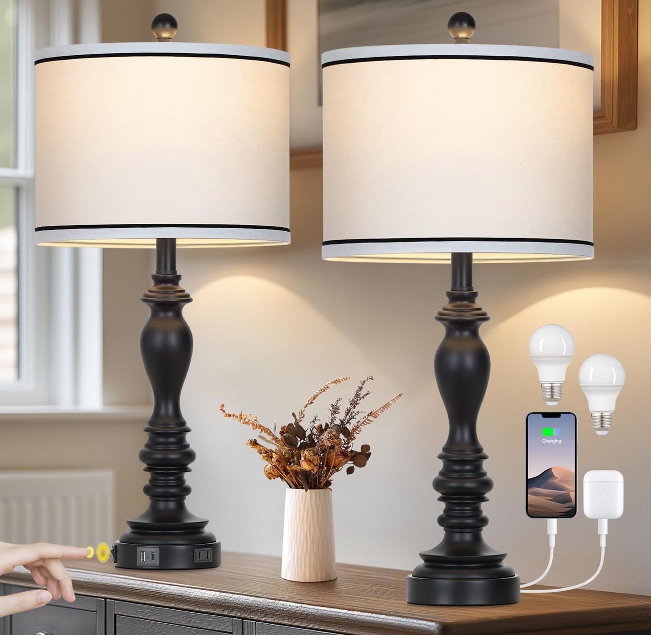 Black Lamps Set of 2 with USB A+C Ports