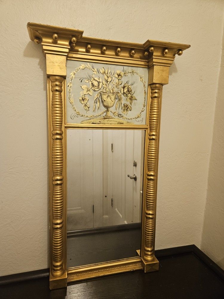 Antique Gold Gilded Federal Style Wall Hanging Trumeau Mirror 