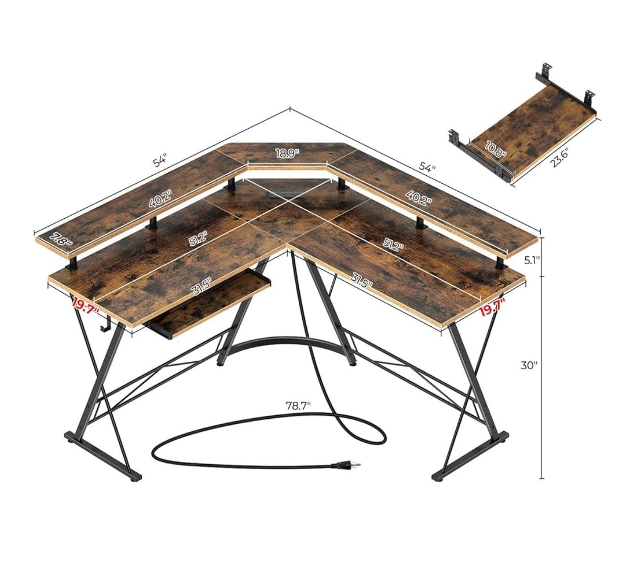 Rustic Brown Corner L Shaped Computer office Desk 54" or Gaming Desk and side cabinet