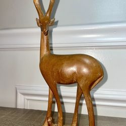 Gazelle Figurine 9 1/2”Wood Hand Carved with Calf Striking Pose Vtg…(#13)