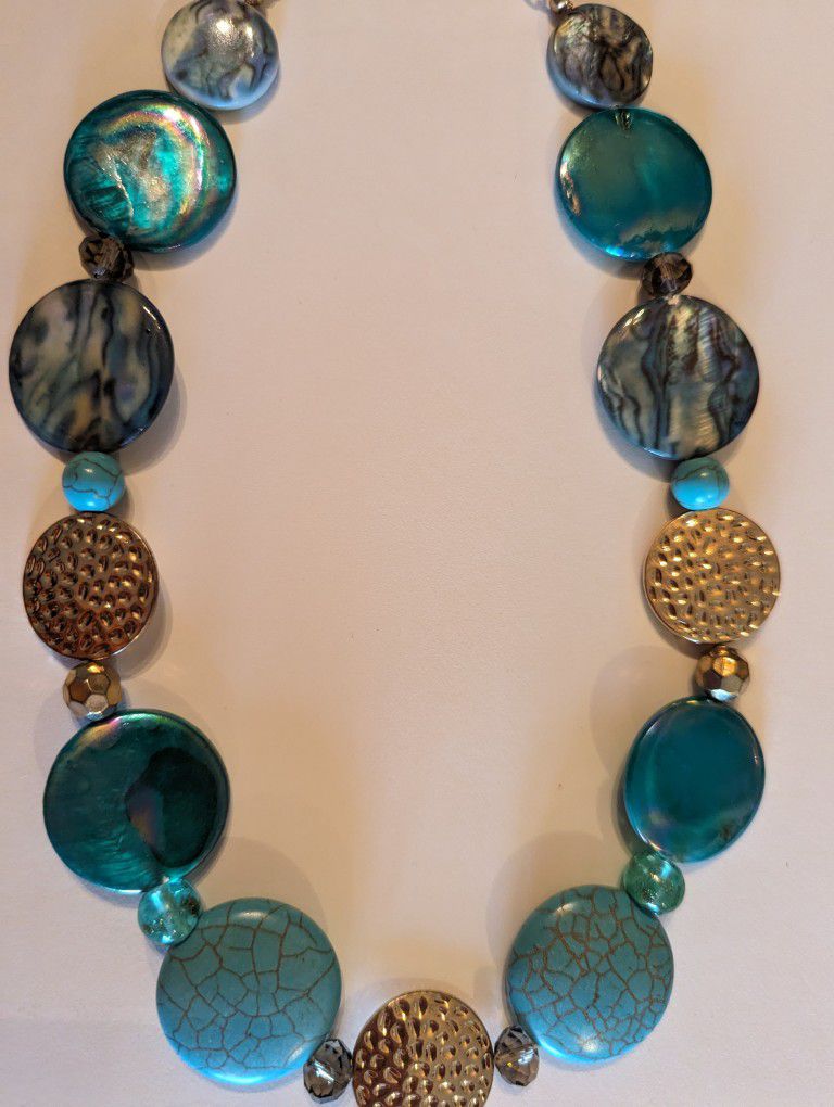 Blue, Aqua Turquoise, Gold Necklace With Clasp $10.