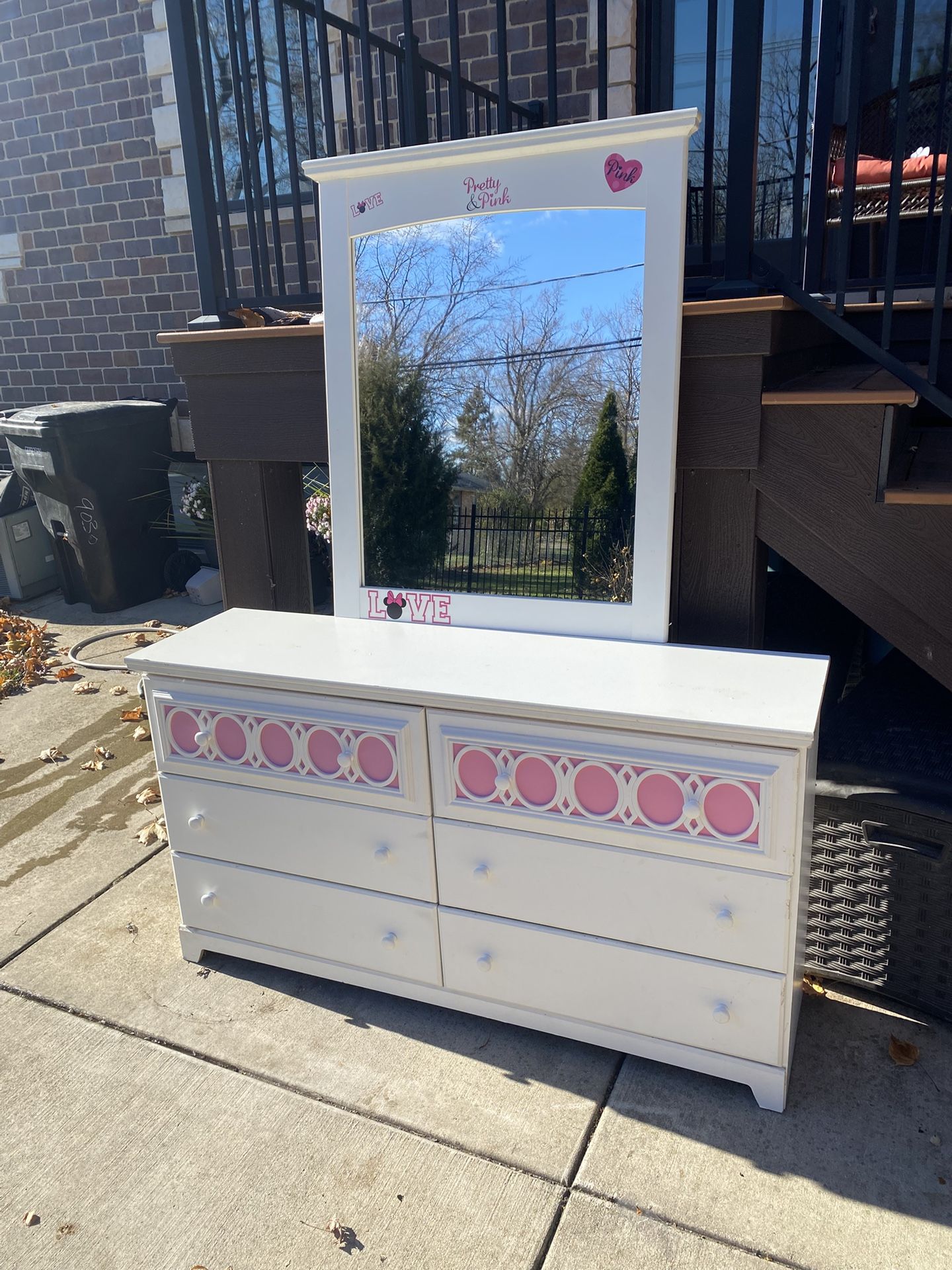 Zayley children bedroom 6 drawer dresser with mirror white pink