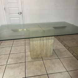 Italian Travertine Pedestal Glass Top Dining Table – Elegant Mid-Century Style