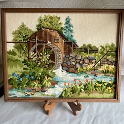 Vintage Framed “Spring Mill Pond” Crewel Embroidery Art