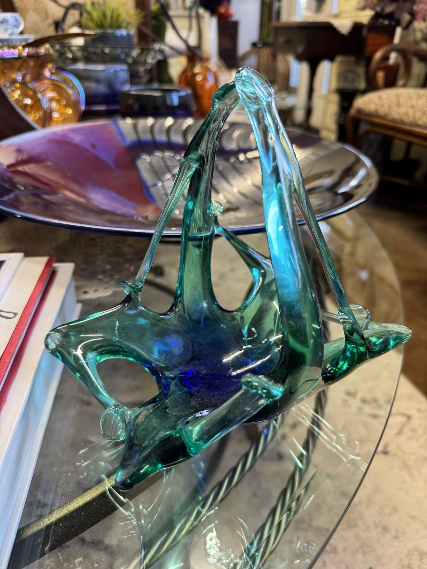 Vintage MCM Blue/Green Freeform Glass 8" Dish